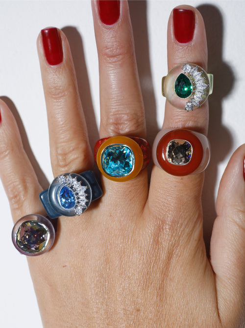 Close up of model wearing MOUNSER Ring Pop in Nurture colorful sculptural cocktail ring