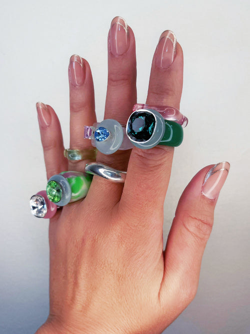 Model wearing MOUNSER Ring Pop in Palm colorful sculptural cocktail ring