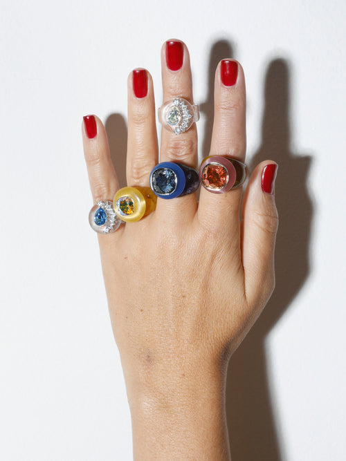 Model wearing MOUNSER Ring Pop in Placid colorful sculptural cocktail ring
