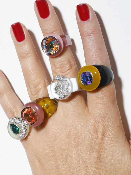 Detail shot of MOUNSER Ring Pop in Shaved Ice colorful sculptural cocktail ring