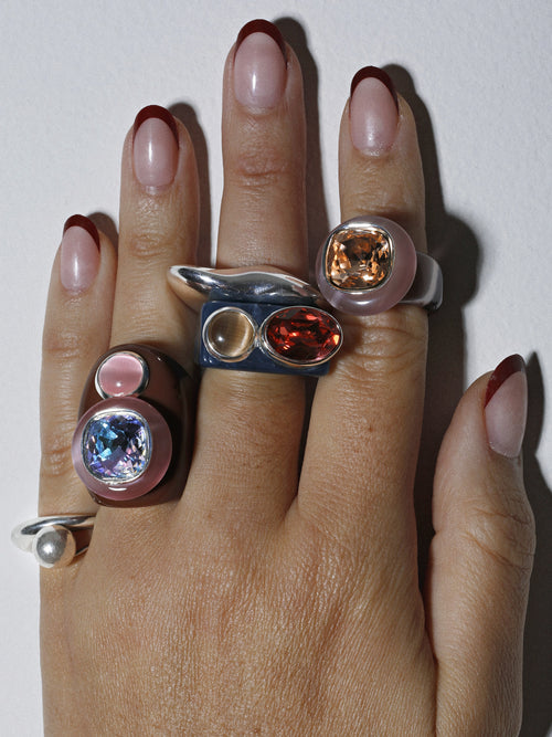 Model wearing MOUNSER Ring Pop in Sheer Nylons colorful sculptural cocktail ring