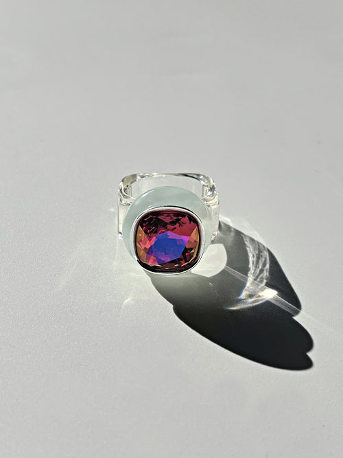 Contrast shot of MOUNSER Ring Pop in Shiraz colorful crystal statement ring