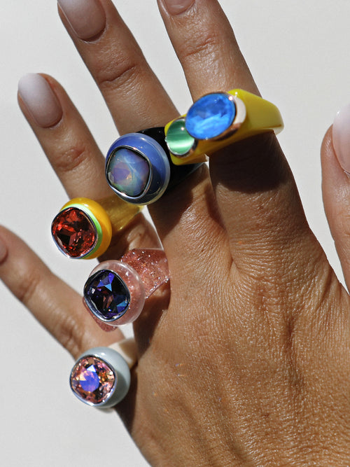 Model wearing MOUNSER Ring Pop in Stucco colorful sculptural cocktail ring