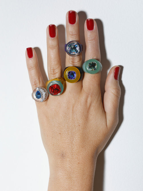 On hand shot of MOUNSER Ring Pop in Tanzanite colorful sculptural cocktail ring