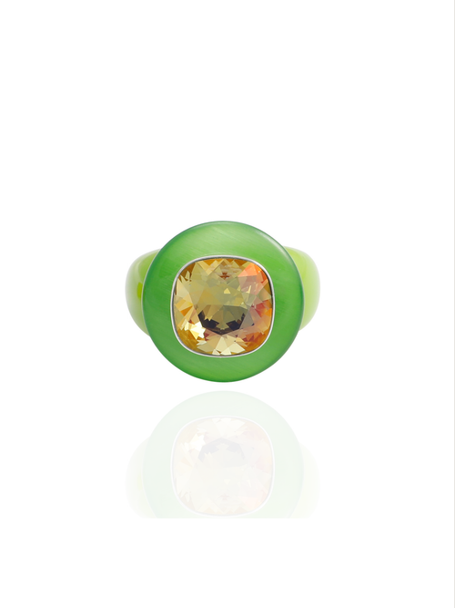 MOUNSER Ring Pop in Mesclun, front view: iridescent yellow cushion-cut crystal in sterling silver on a spring green resin band.