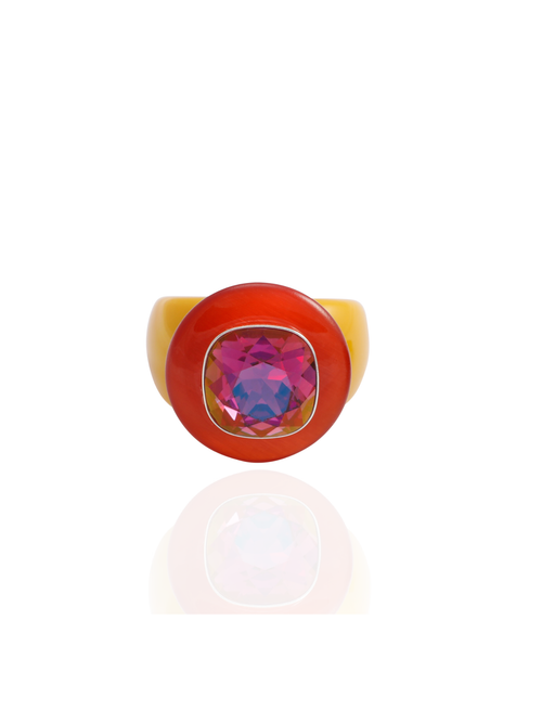 MOUNSER Ring Pop in Red Lantana, front view: iridescent magenta cushion-cut crystal in sterling silver on a red and yellow resin band.