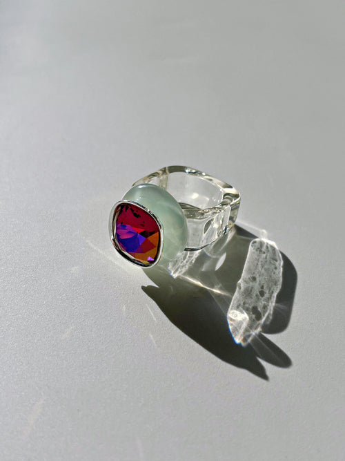 Contrast side view of MOUNSER Ring Pop in Shiraz showing Austrian crystal detail