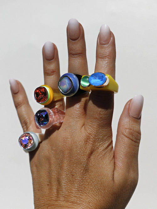 Close-up of MOUNSER Ring Pop in Spandex with acrylic resin band and Austrian crystal stone