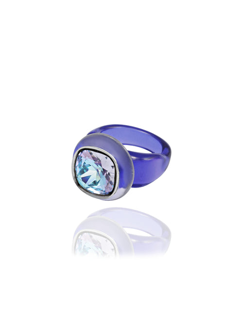 Side view of MOUNSER Ring Pop in Tanzanite showing Austrian crystal detail