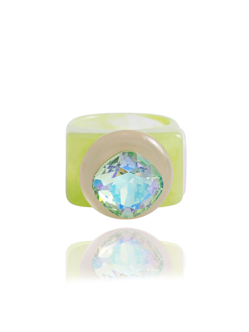MOUNSER Spectrum Ring in Aloe — milky light green hand-polished acrylic resin cocktail ring with iridescent cushion-cut Austrian crystal center stone, forward facing view.