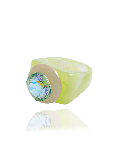MOUNSER Spectrum Ring in Aloe — side profile view of light green acrylic resin sculptural statement ring with iridescent crystal set in diamond position, handcrafted in Los Angeles.