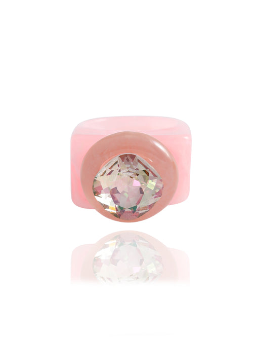MOUNSER Spectrum Ring in Ballerina — milky pastel pink hand-polished acrylic resin cocktail ring with iridescent cushion-cut Austrian crystal center stone, forward facing view.