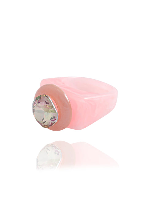 MOUNSER Spectrum Ring in Ballerina — side profile view of pastel pink acrylic resin sculptural statement ring with iridescent crystal set in diamond position, handcrafted in Los Angeles.