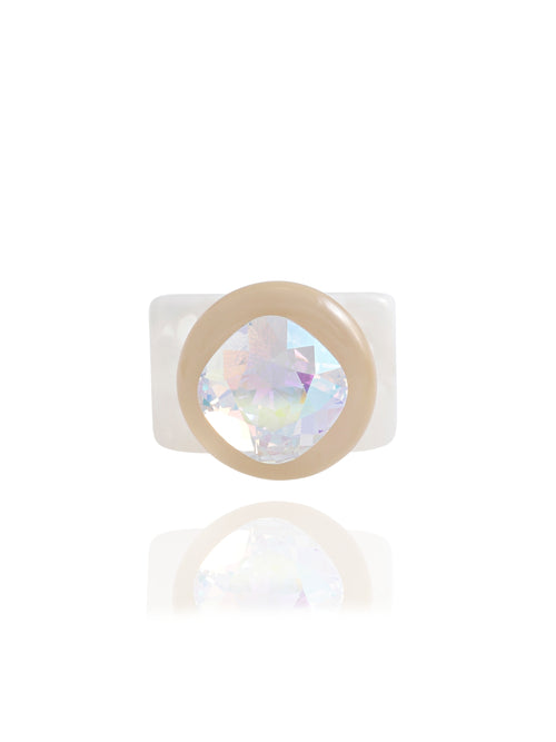 MOUNSER Spectrum Ring in Bleach — milky white hand-polished acrylic resin cocktail ring with iridescent cushion-cut Austrian crystal center stone, forward facing view.