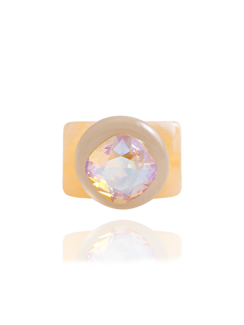 MOUNSER Spectrum Ring in Blonde — milky light peach hand-polished acrylic resin cocktail ring with iridescent cushion-cut Austrian crystal center stone, forward facing view.