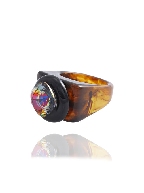 MOUNSER Spectrum Ring in Brunette — side profile view of brown acrylic resin sculptural statement ring with iridescent crystal set in diamond position, handcrafted in Los Angeles.