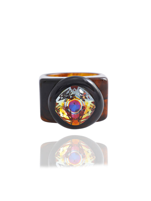 MOUNSER Spectrum Ring in Brunette — milky brown hand-polished acrylic resin cocktail ring with iridescent cushion-cut Austrian crystal center stone, forward facing view.