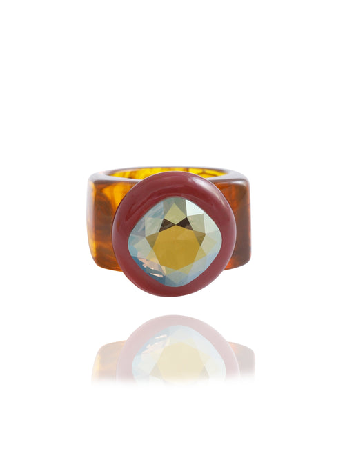 MOUNSER Spectrum Ring in Dark n Stormy — milky brown hand-polished acrylic resin cocktail ring with iridescent cushion-cut Austrian crystal center stone, forward facing view.