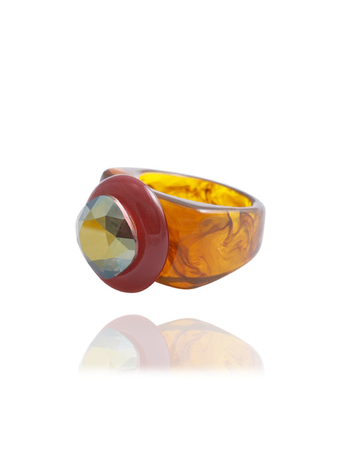 MOUNSER Spectrum Ring in Dark n Stormy — side profile view of brown acrylic resin sculptural statement ring with iridescent crystal set in diamond position, handcrafted in Los Angeles.
