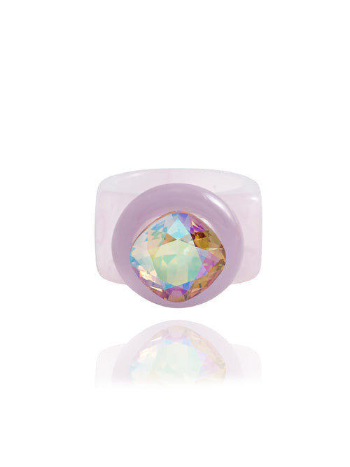 MOUNSER Spectrum Ring in Eyeshadow — milky lavender hand-polished acrylic resin cocktail ring with iridescent cushion-cut Austrian crystal center stone, forward facing view.