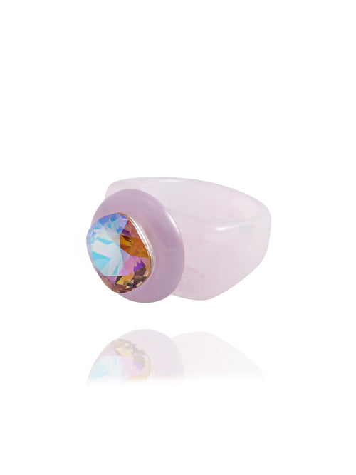 MOUNSER Spectrum Ring in Eyeshadow — side profile view of lavender acrylic resin sculptural statement ring with iridescent crystal set in diamond position, handcrafted in Los Angeles.