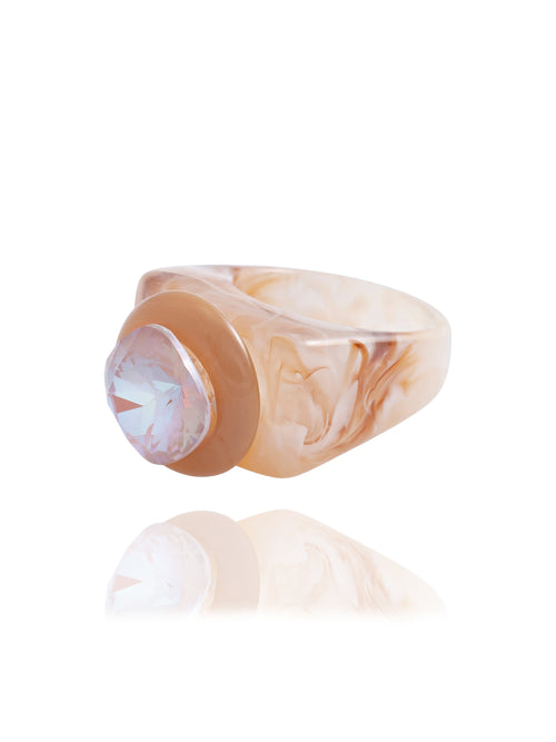 MOUNSER Spectrum Ring in Foundation — side profile view of beige acrylic resin sculptural statement ring with iridescent crystal set in diamond position, handcrafted in Los Angeles.