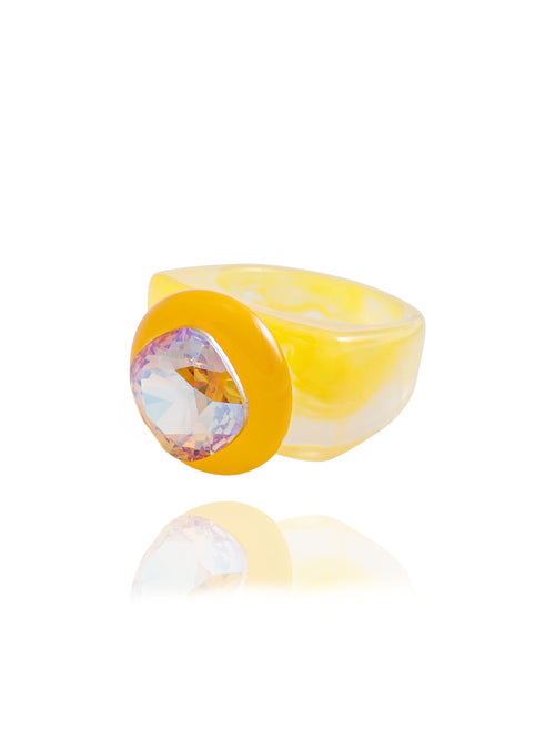 MOUNSER Spectrum Ring in Giorgio — side profile view of yellow acrylic resin sculptural statement ring with iridescent crystal set in diamond position, handcrafted in Los Angeles.