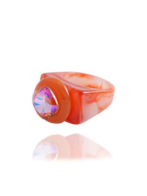 MOUNSER Spectrum Ring in Grapefruit — side profile view of deep orange acrylic resin sculptural statement ring with iridescent crystal set in diamond position, handcrafted in Los Angeles.