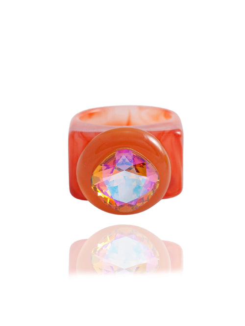 MOUNSER Spectrum Ring in Grapefruit — milky deep orange hand-polished acrylic resin cocktail ring with iridescent cushion-cut Austrian crystal center stone, forward facing view.