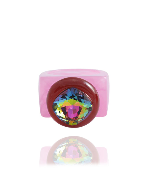 MOUNSER Spectrum Ring in Lip Gloss — milky bubble gum pink hand-polished acrylic resin cocktail ring with iridescent cushion-cut Austrian crystal center stone, forward facing view.
