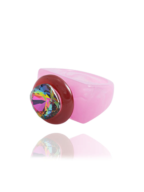 MOUNSER Spectrum Ring in Lip Gloss — side profile view of bubble gum pink acrylic resin sculptural statement ring with iridescent crystal set in diamond position, handcrafted in Los Angeles.