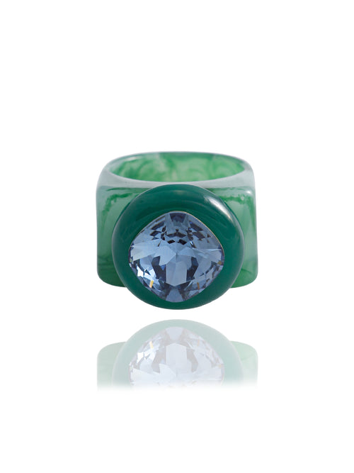 MOUNSER Spectrum Ring in Riviera — milky green hand-polished acrylic resin cocktail ring with iridescent cushion-cut Austrian crystal center stone, forward facing view.