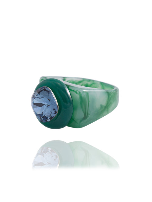 MOUNSER Spectrum Ring in Riviera — side profile view of green acrylic resin sculptural statement ring with iridescent crystal set in diamond position, handcrafted in Los Angeles.