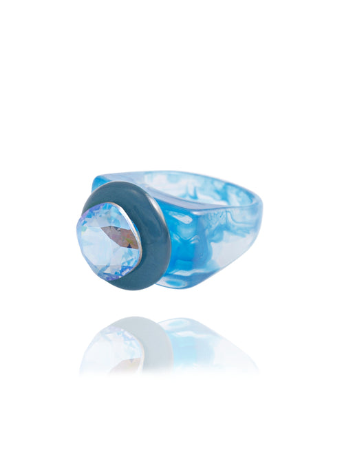 MOUNSER Spectrum Ring in Sleeping Beauty — side profile view of blue acrylic resin sculptural statement ring with iridescent crystal set in diamond position, handcrafted in Los Angeles.