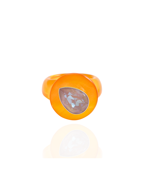 MOUNSER Tears of Joy Ring in Fresh Squeezed, front view: nude teardrop crystal in sterling silver on an orange resin band.