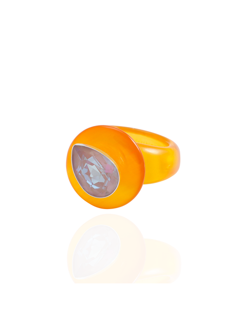 Side profile of the MOUNSER Tears of Joy Ring in Fresh Squeezed showing the asymmetric setting and color-splashed resin band.