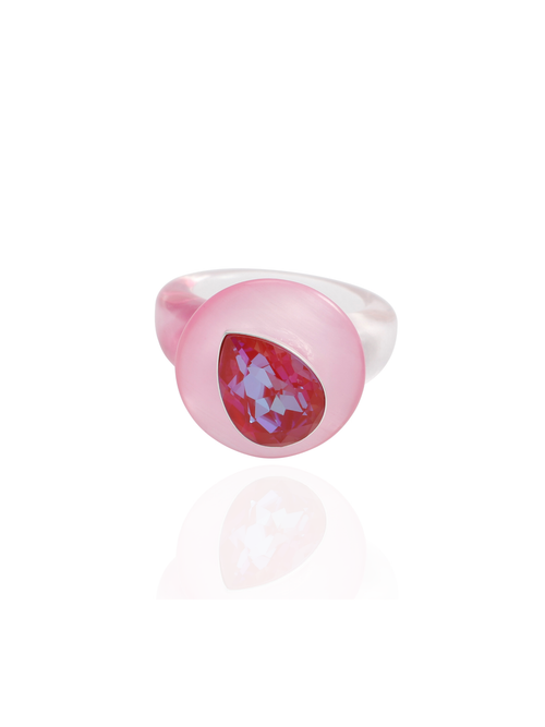 MOUNSER Tears of Joy Ring in Heat Wave, front view: pink teardrop crystal in sterling silver on a pink resin band.