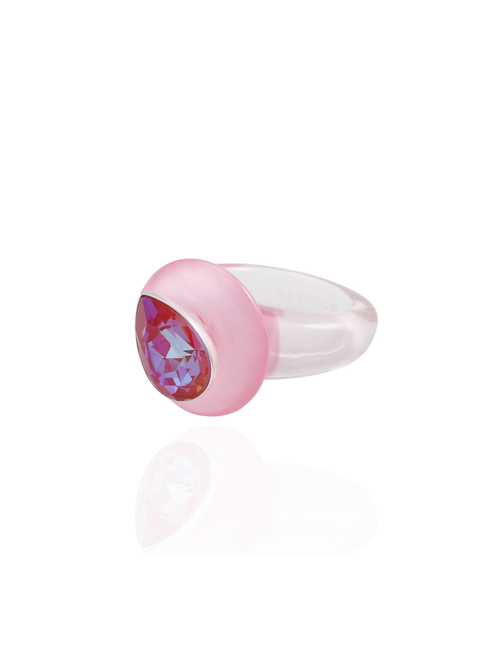 Side profile of the MOUNSER Tears of Joy Ring in Heat Wave showing the asymmetric setting and color-splashed resin band.