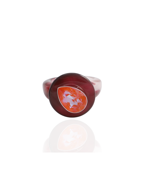 MOUNSER Tears of Joy Ring in King Crab, front view: orange teardrop crystal in sterling silver on a bordeaux resin band.