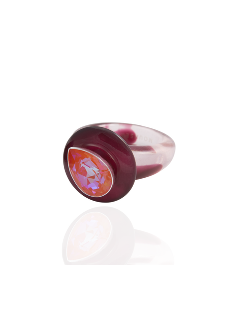 Side profile of the MOUNSER Tears of Joy Ring in King Crab showing the asymmetric setting and color-splashed resin band.