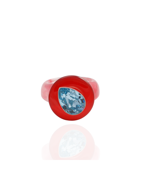MOUNSER Tears of Joy Ring in Wedgewood, front view: blue teardrop crystal in sterling silver on a pink resin band.