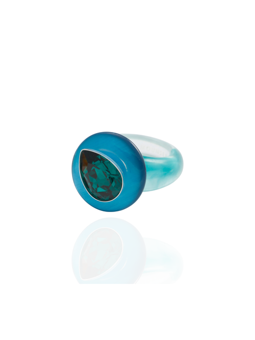Side profile of the MOUNSER Tears of Joy Ring in Yacht Club showing the asymmetric setting and color-splashed resin band.