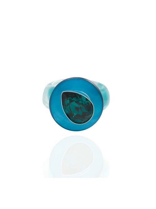 MOUNSER Tears of Joy Ring in Yacht Club, front view: green teardrop crystal in sterling silver on a turquoise resin band.