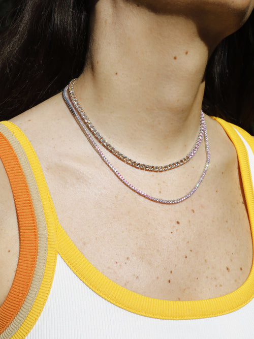 MOUNSER Laguna Matchstick Width Necklace in Pink colorful designer tennis necklace close up shot