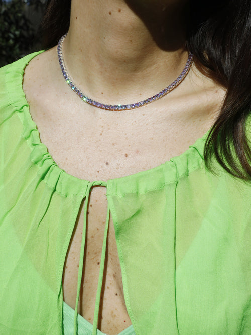 MOUNSER Laguna Necklace in Plum purple designer tennis necklace model close up