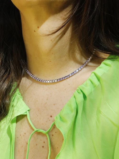 MOUNSER Laguna Necklace in Plum purple designer tennis necklace model shot
