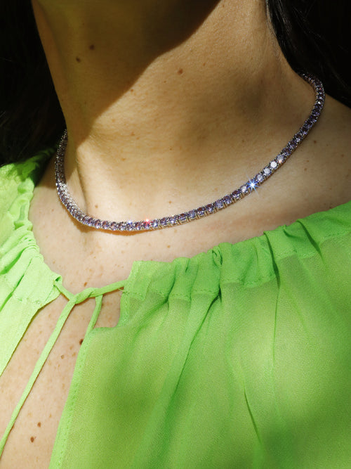 MOUNSER Laguna Necklace in Plum purple designer tennis necklace on model