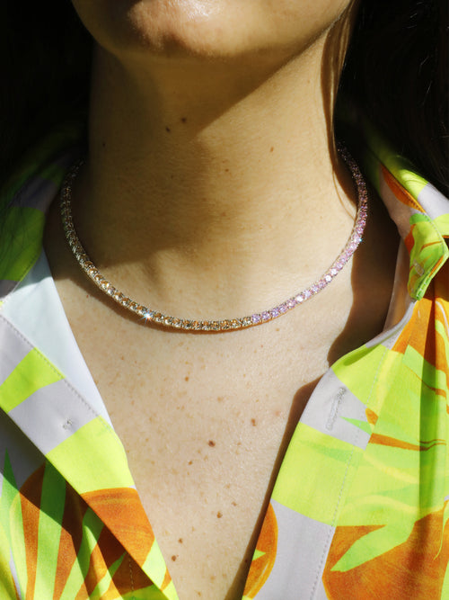 MOUNSER Laguna Necklace in Sunset pink designer tennis necklace on model