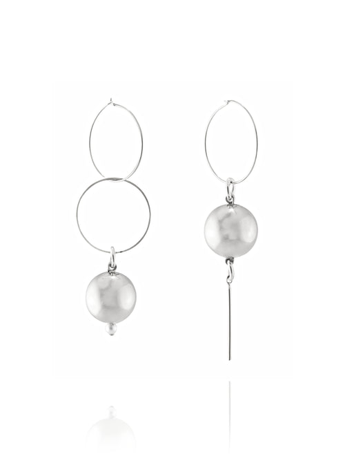 MOUNSER Solar Mini Hoops in Silver sculptural kinetic statement hoop earring with ball charms