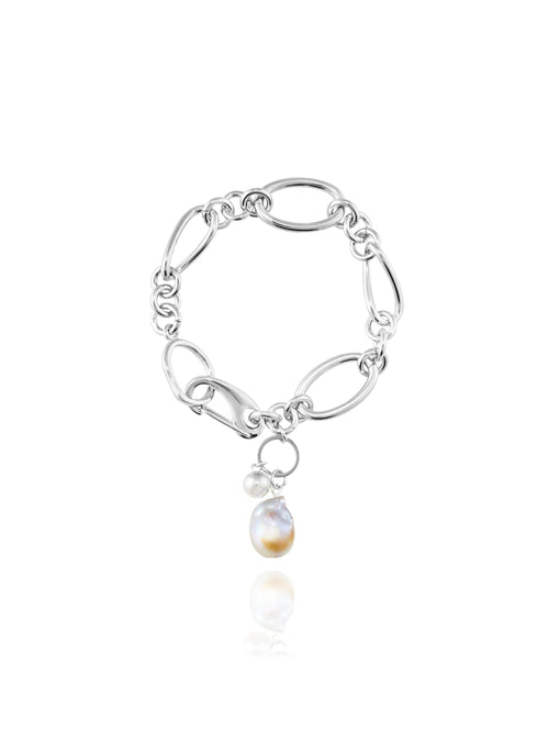 MOUNSER Waxing Bracelet in Silver a 14k gold plated brass chunky chain with a baroque freshwater pearl drop